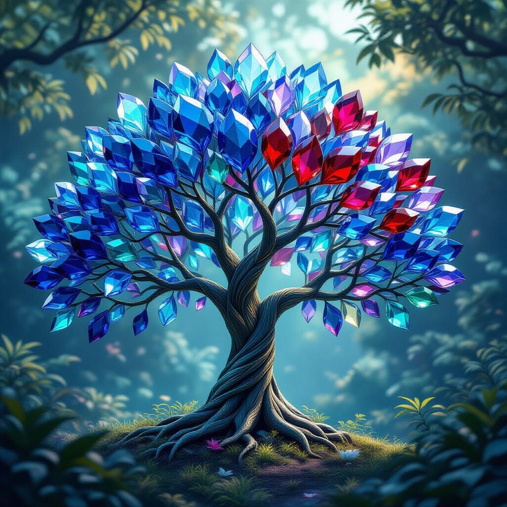 Sapphire and Ruby Crystal Tree in Fantasy Style
