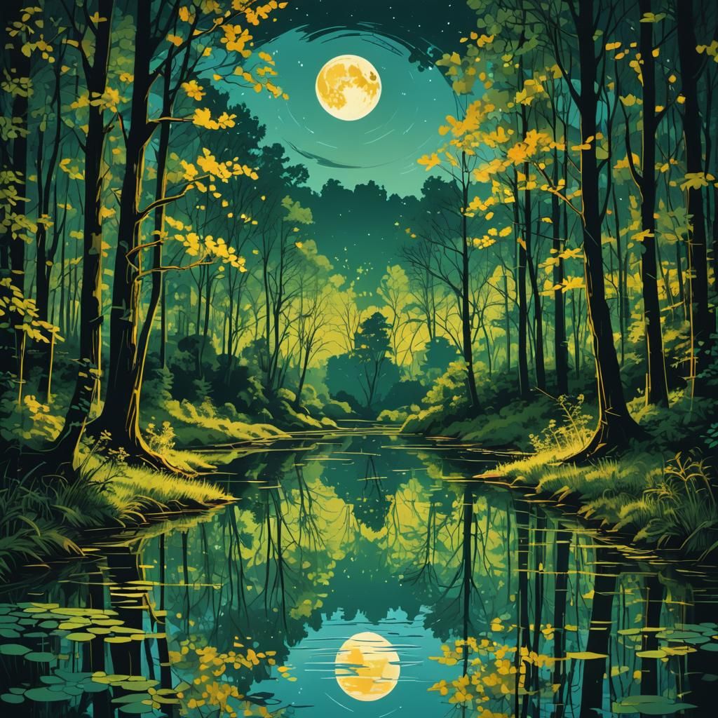 Lovers Meet in Moonlit Forest: Pop Art Style