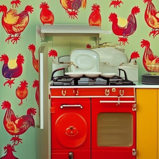 Vintage 1950s Kitchen with Rooster Wallpaper