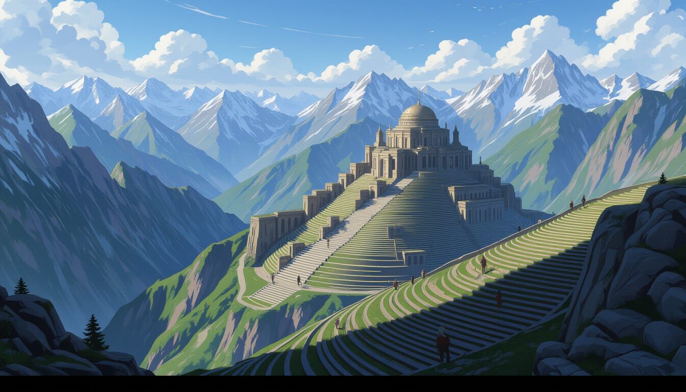City on Infinite Staircase Overlooking Mountain Peaks