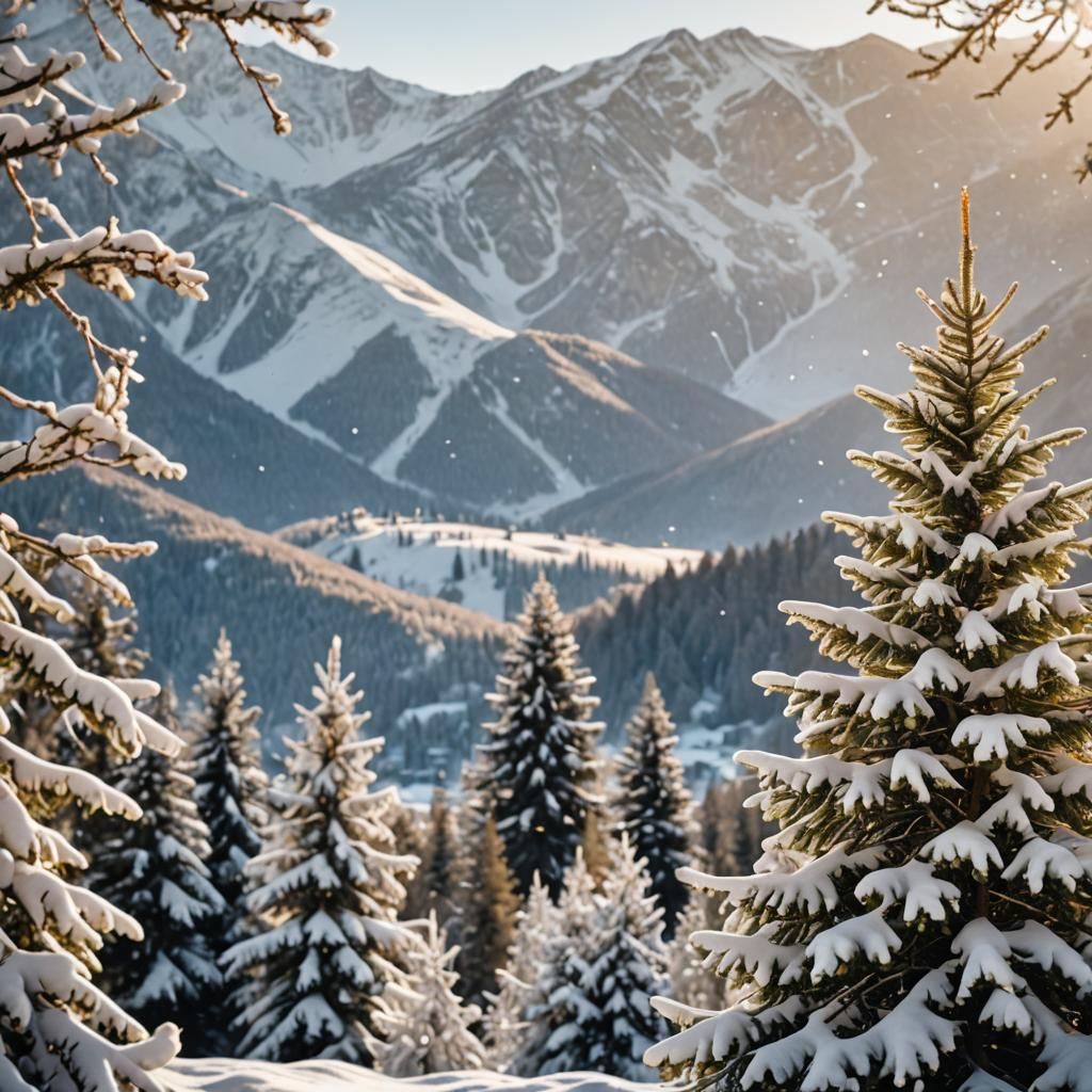 Snowy Mountain Christmas Tree in Winter Landscape