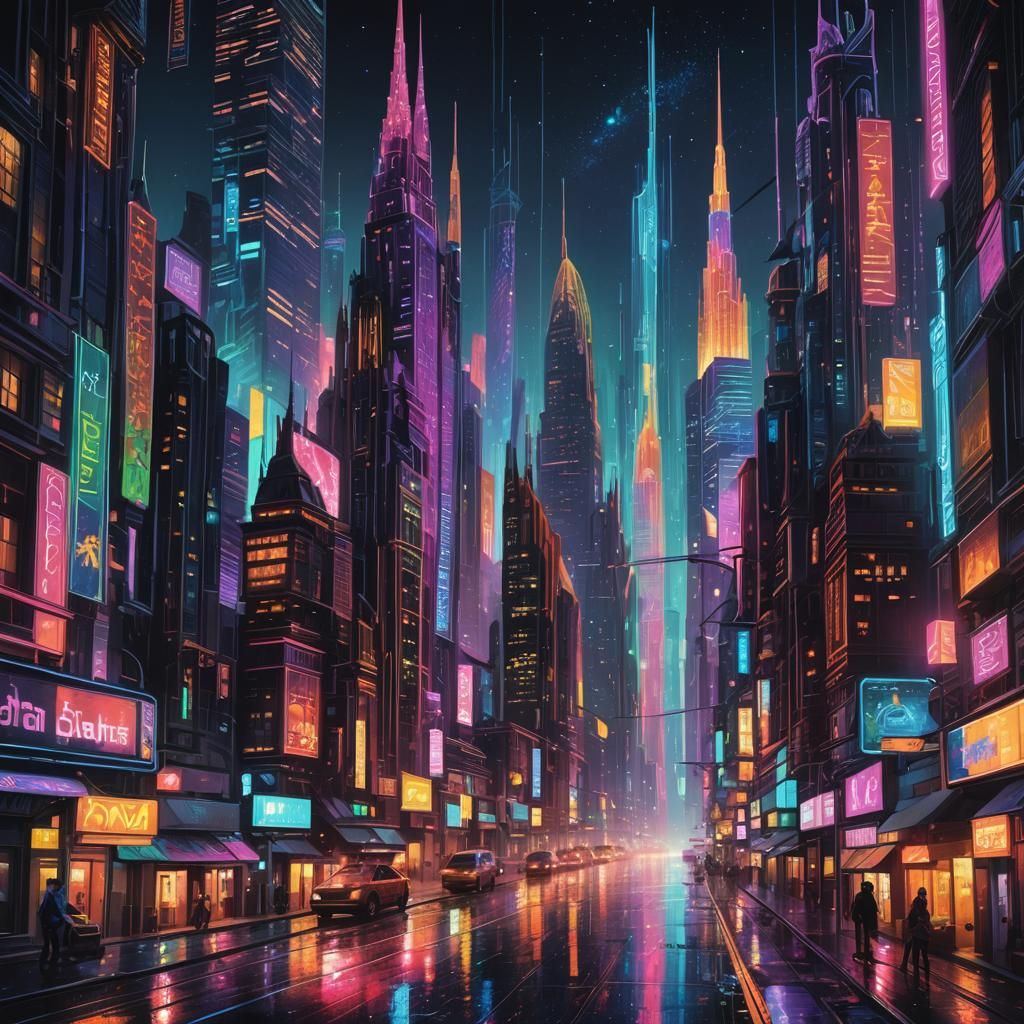 Vibrant Futuristic Cityscape with Rainbow Neon Lights