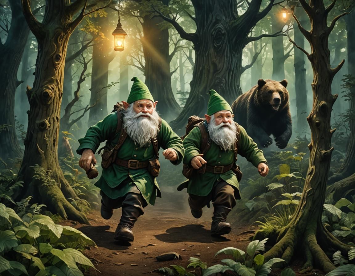 Gnome Running From Bear in Mystical Realism Style