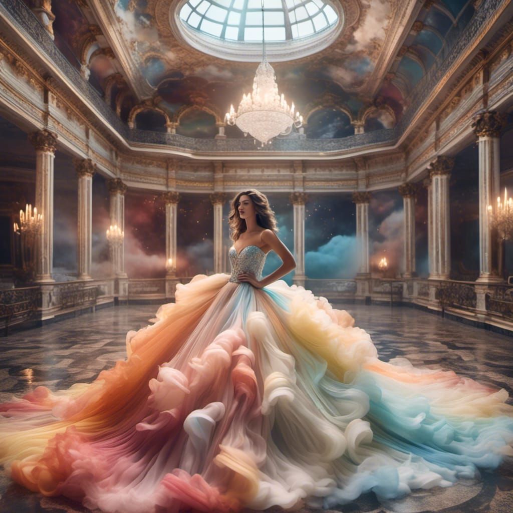Woman in Cloud Gown in Palace Interior