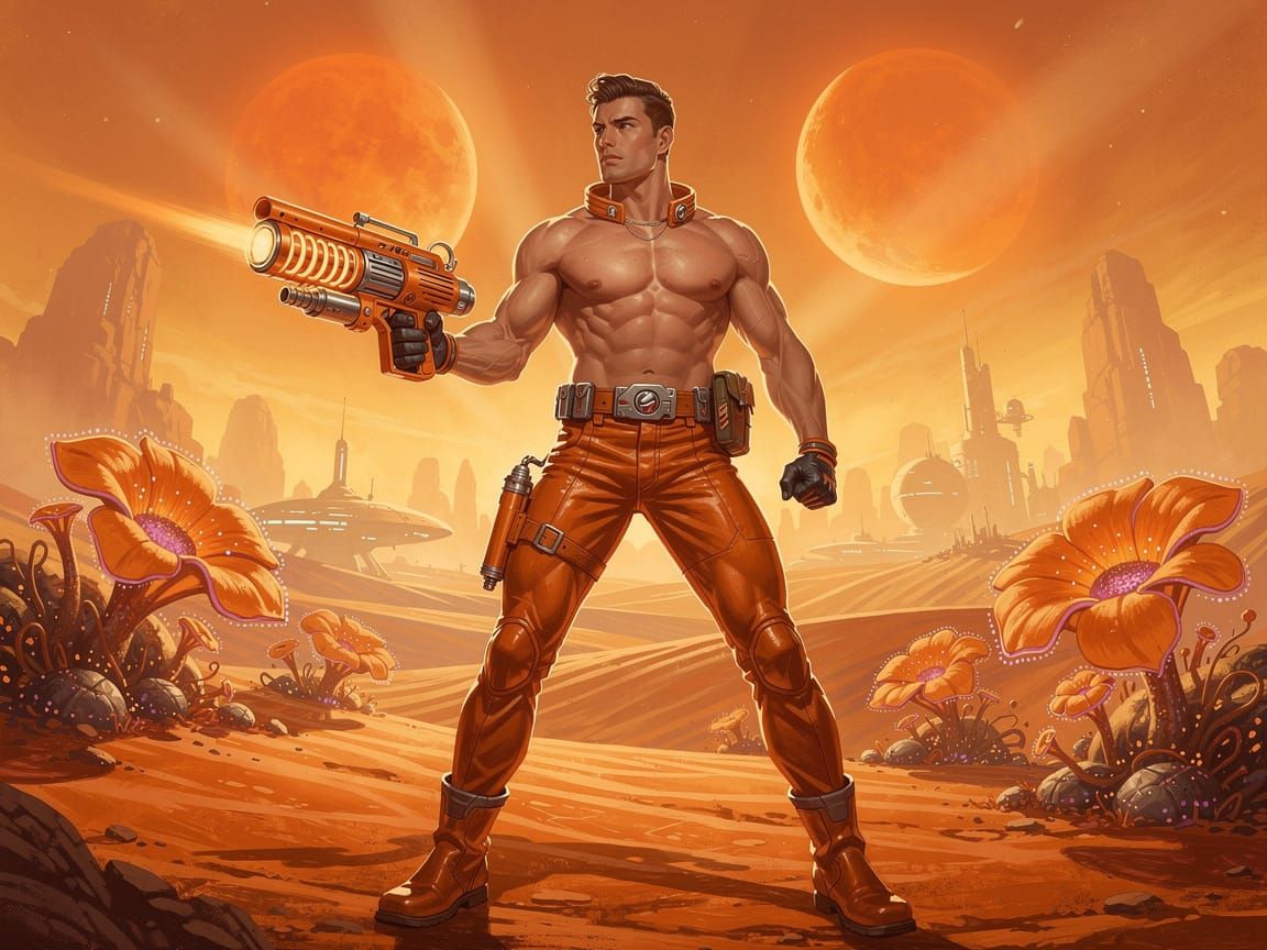 Astronaut with Retro Blaster on Alien Planet