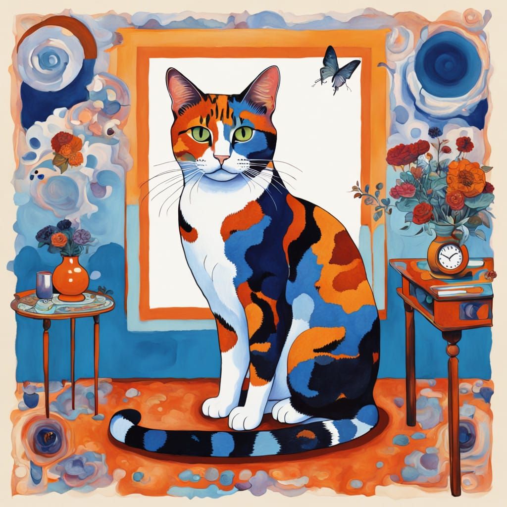 Surrealistic Calico Cat in a Dreamlike Interior