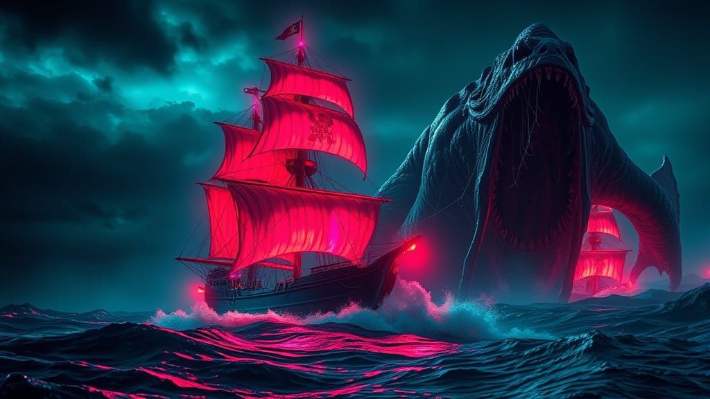Neon Pirate Ship Versus Sea Monster Horror