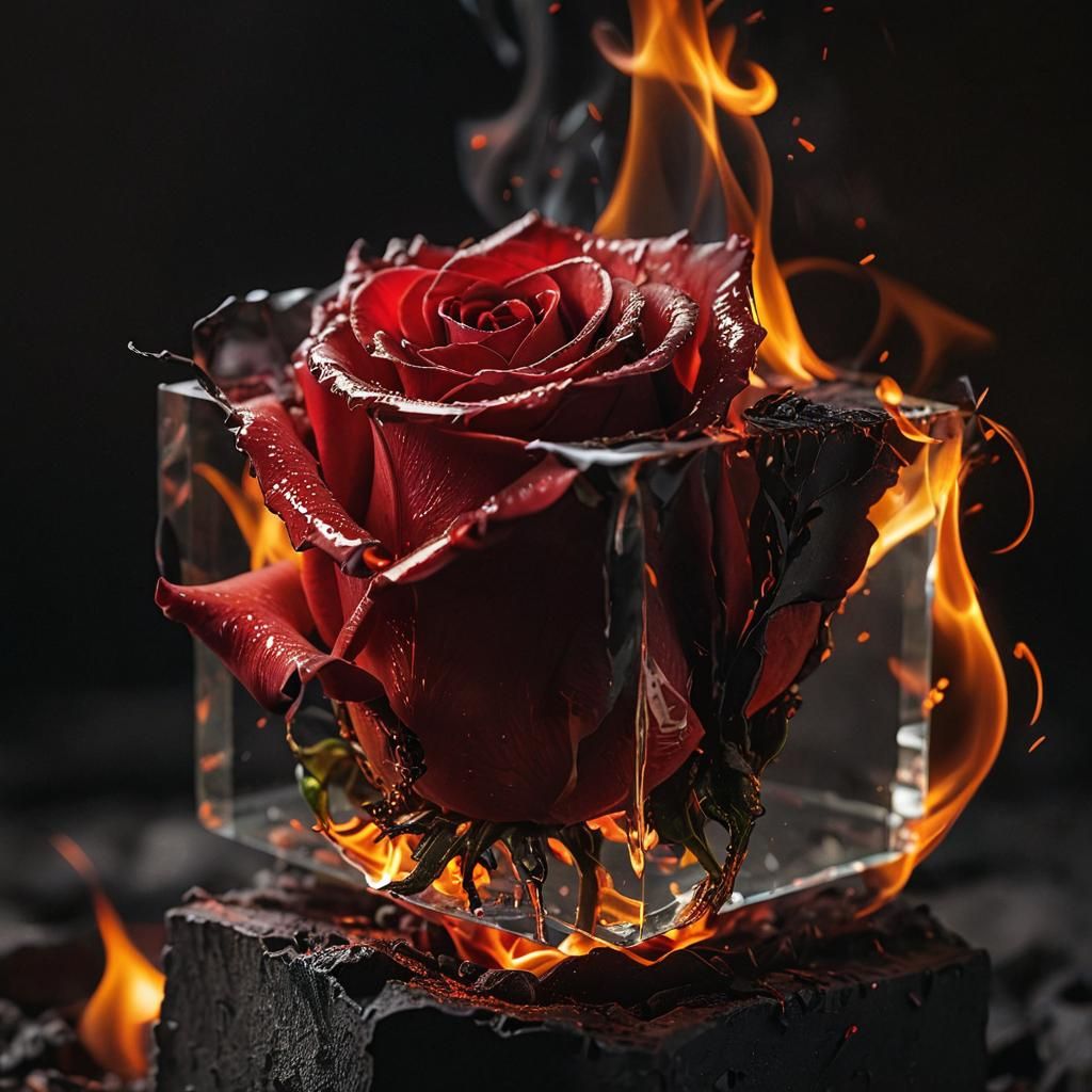 Fiery Rose Breaks Through Fire Cube