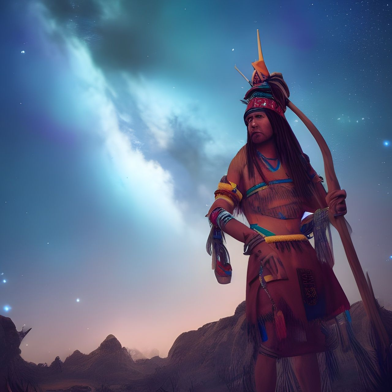 Tribal Chief Observes Starry Sky, Digital Oil Painting