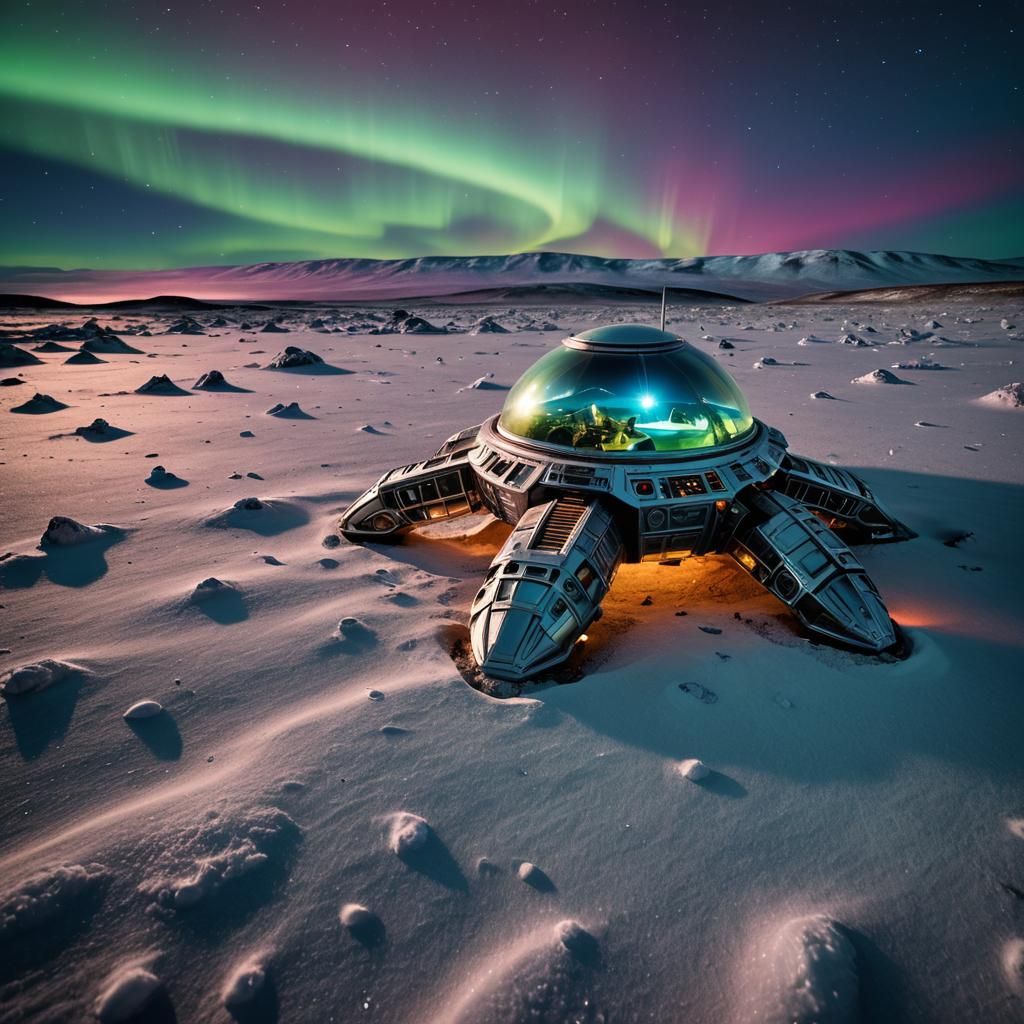 Miniature Alien Spaceship on Moon with Northern Lights