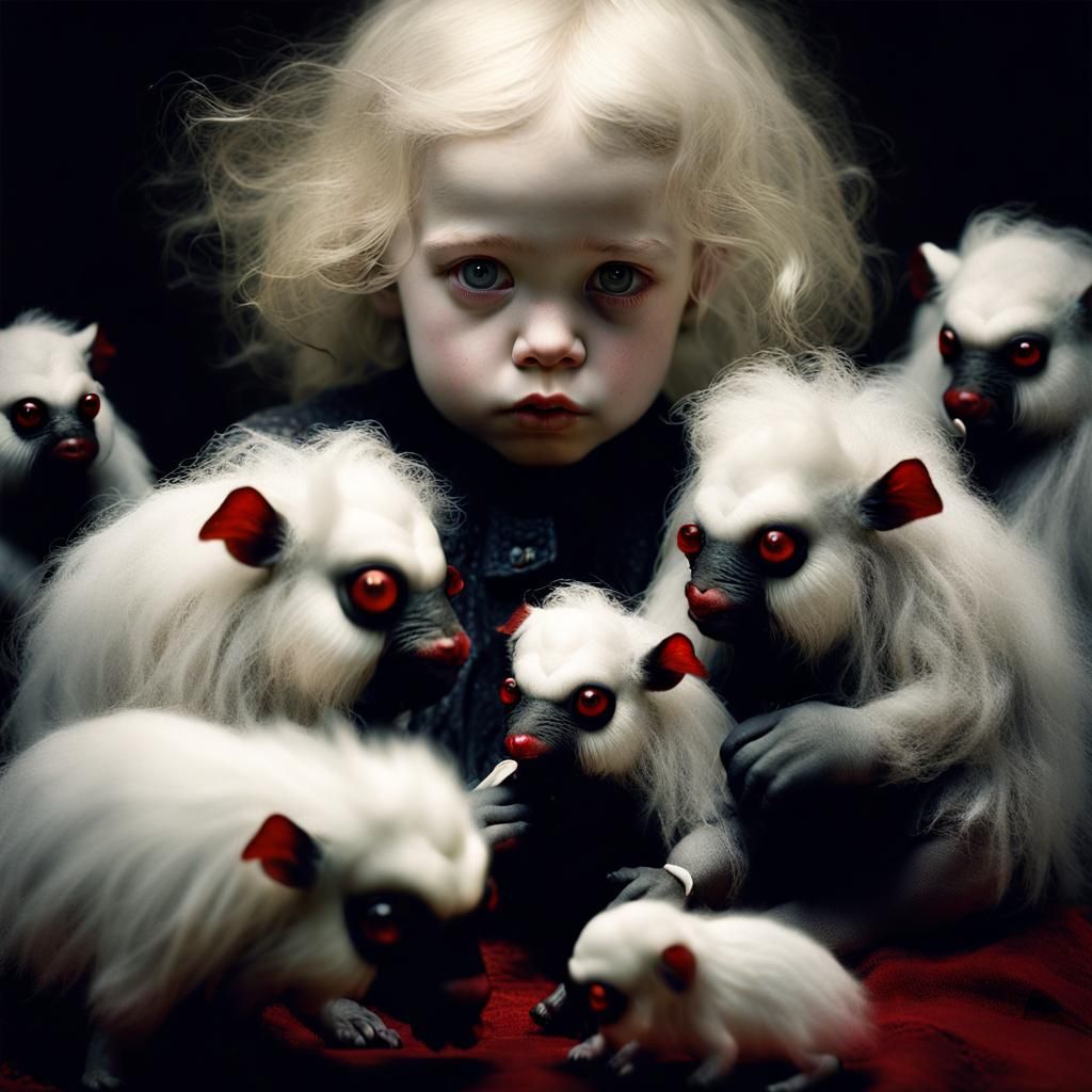 Eerie Close-Up: Girl Feeds Distorted Animals
