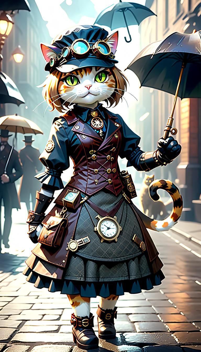 Steampunk Cat Lady on a Busy Street