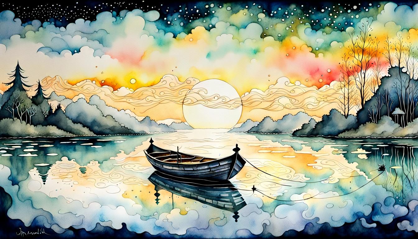 Mystical Boat on Serene Lake: Watercolor Ink Art