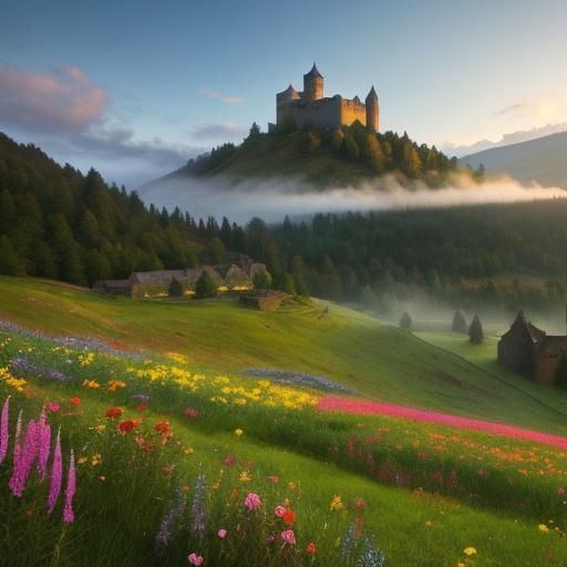 Misty Mountain Castle Ruins in Flower Meadow