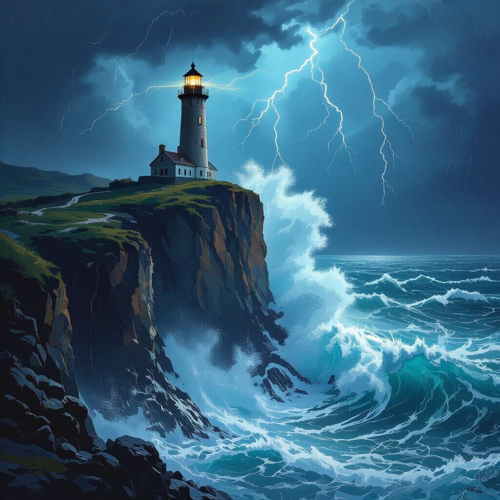 Lighthouse on Cliff Amidst Stormy Seas
