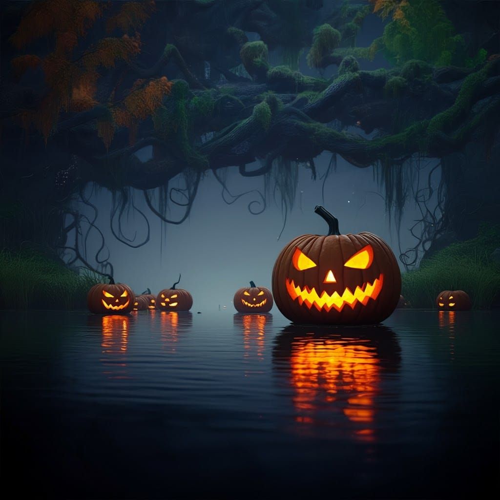 Halloween Pumpkins on Moonlit Lake, Atmospheric Digital Art