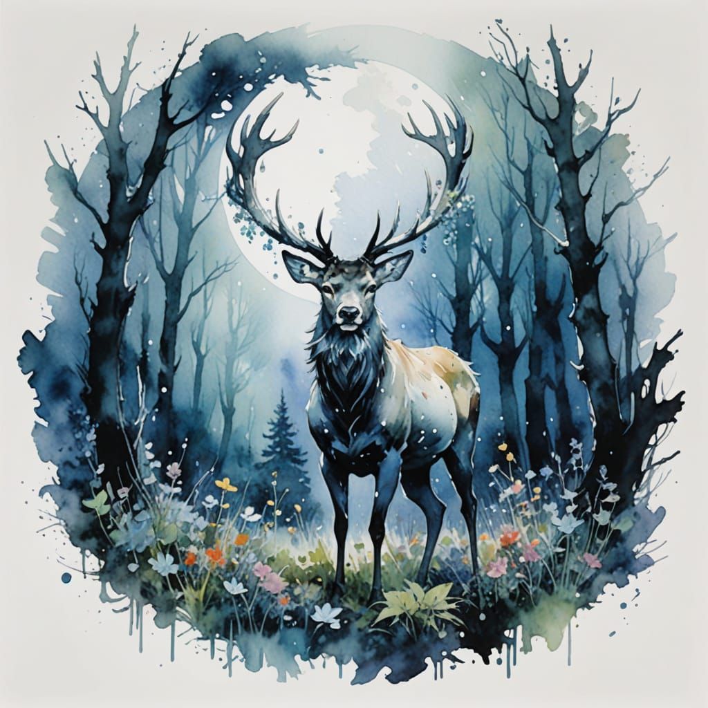 Crystal Stag in Bioluminescent Forest Watercolor