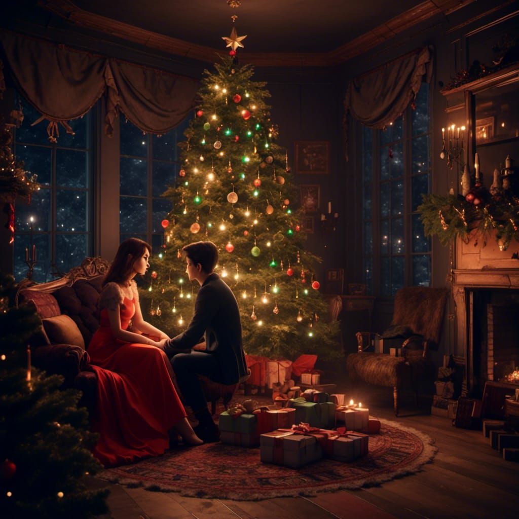 Romantic Couple Under Christmas Tree, Animated Style