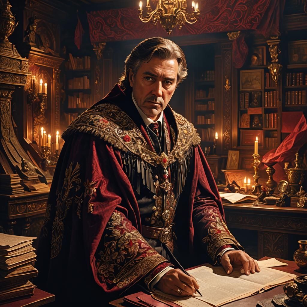 Noble Man in Dim Chamber, Matte Painting Anamorphosis