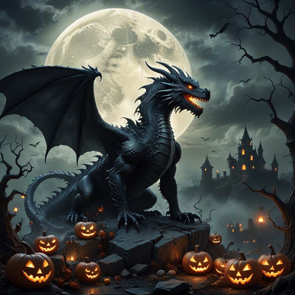 Fearsome Dragon Silhouetted Against Full Moon on Halloween