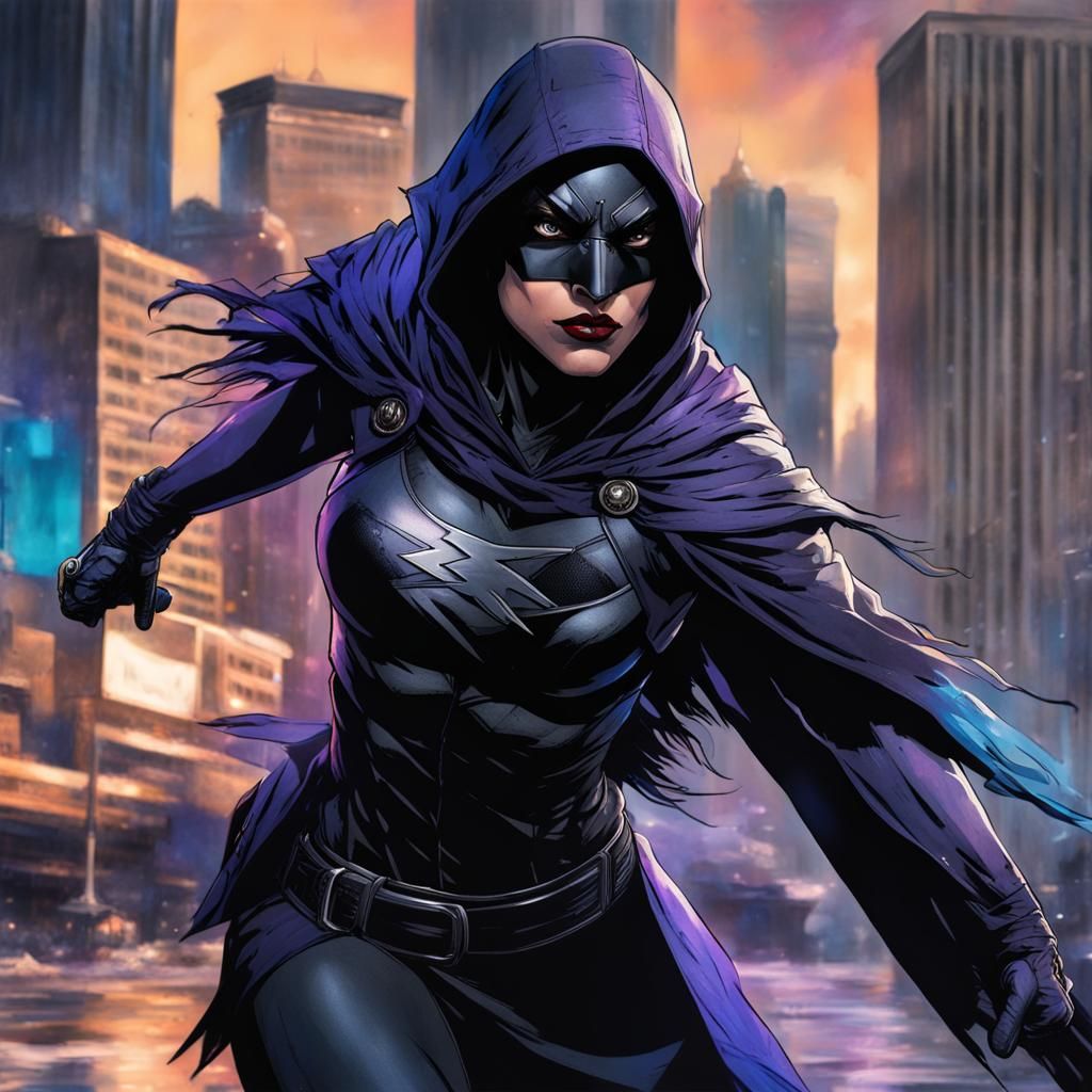 Ultra Realistic Female DC comic Raven in ready to fight stan...