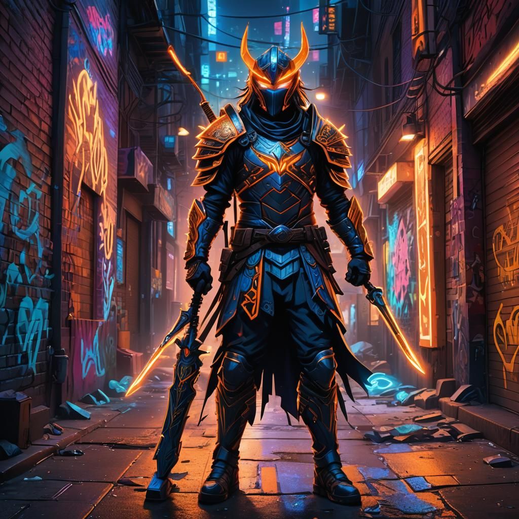 Mystical Warrior in Neon City Graffiti Art