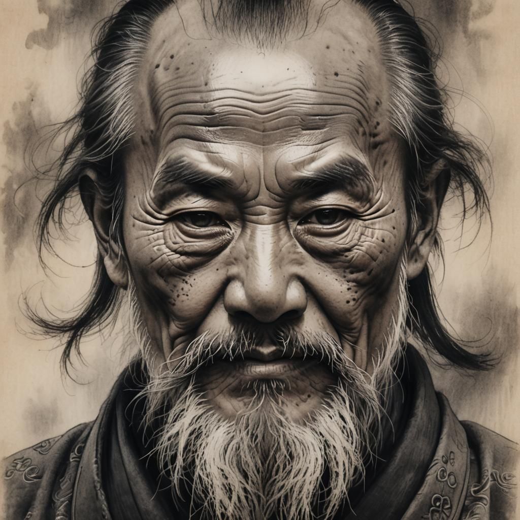 Detailed Charcoal Portrait of an Old Chinese Mandarin