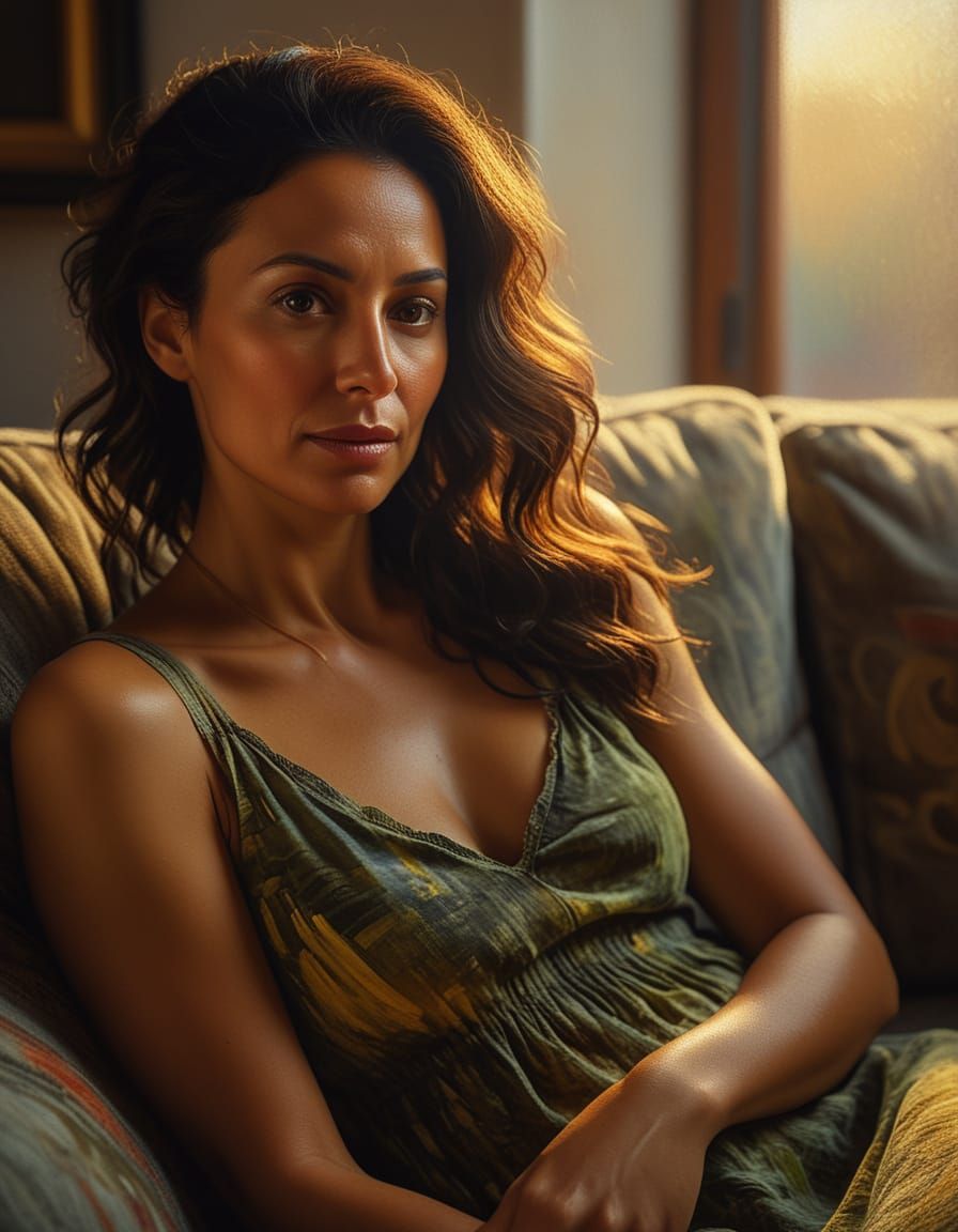 Woman on Sofa in Impressionist Oil Painting