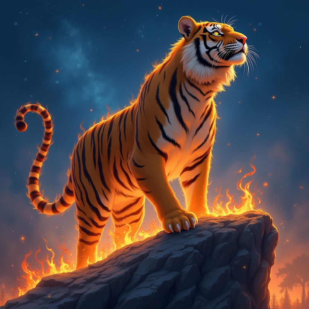 Regal Tiger Surveys Fiery Kingdom in a Vibrant Cyberpunk Lan...