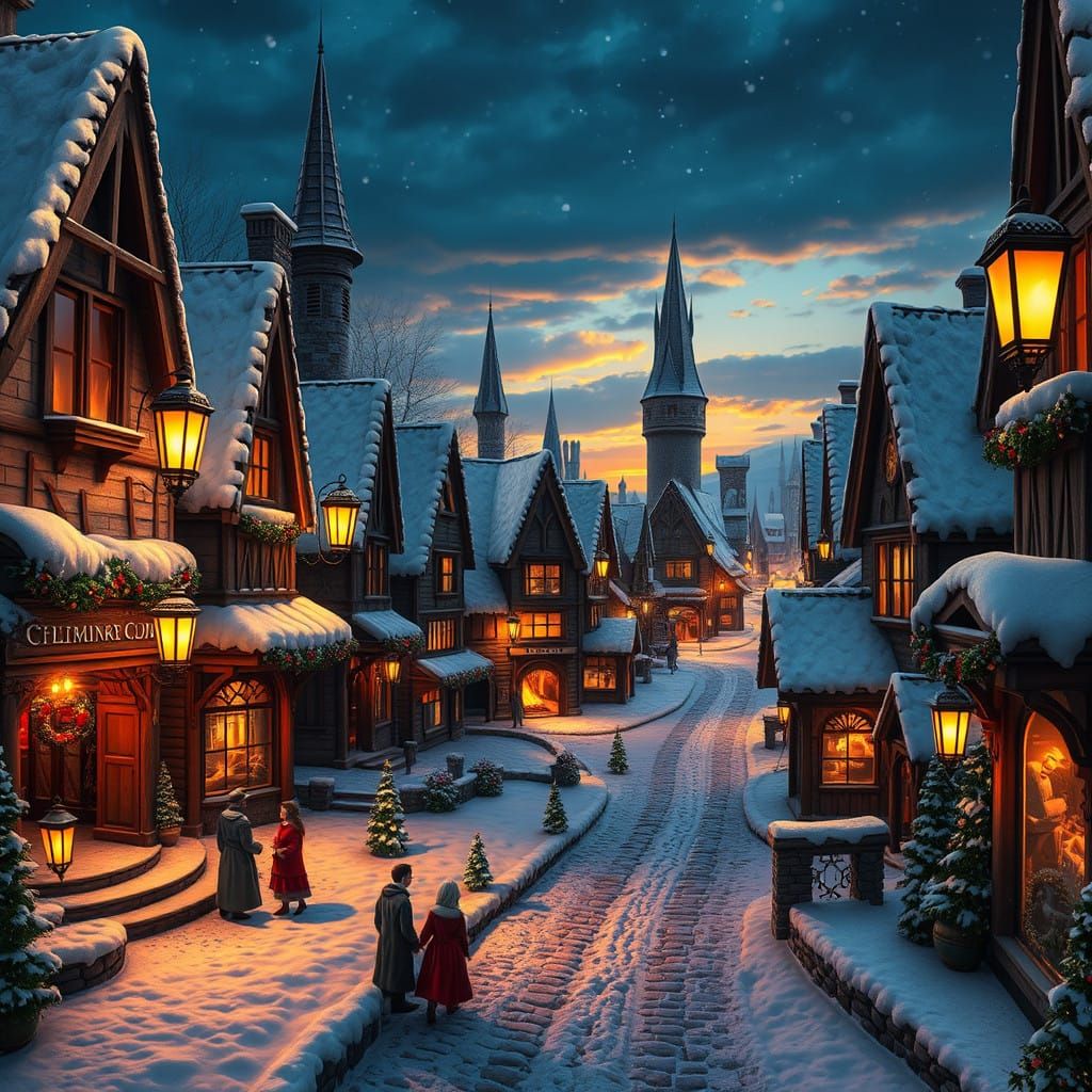 Surreal Winter Wonderland in a Fantasy Village Scene