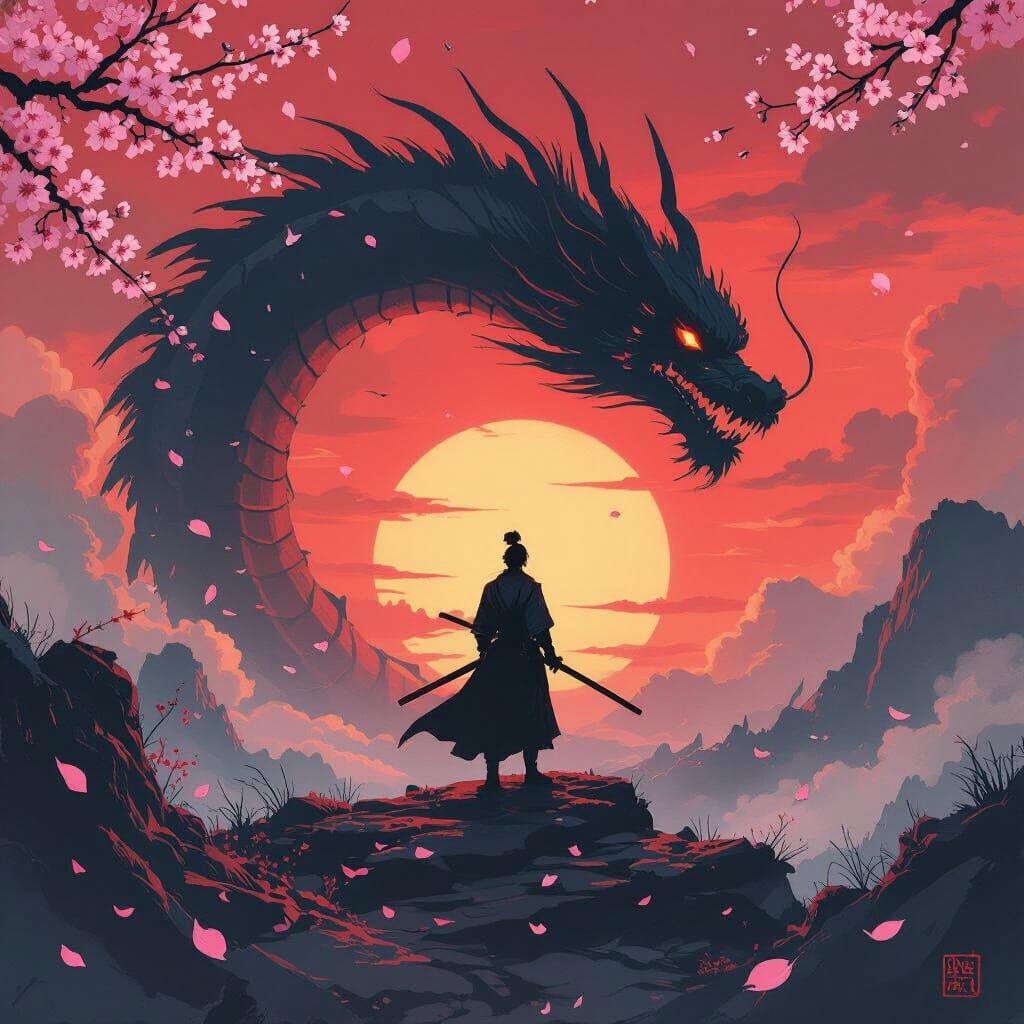 Samurai Silhouette on Dragon Remains, Japanese Ink Wash