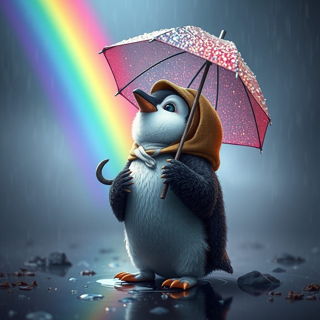 Mystical Penguin in Rainbow Hued Storm