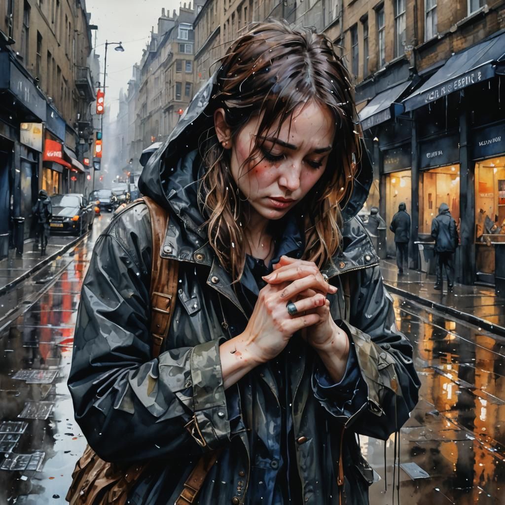 Crying Woman in Post-Apocalyptic London Watercolor