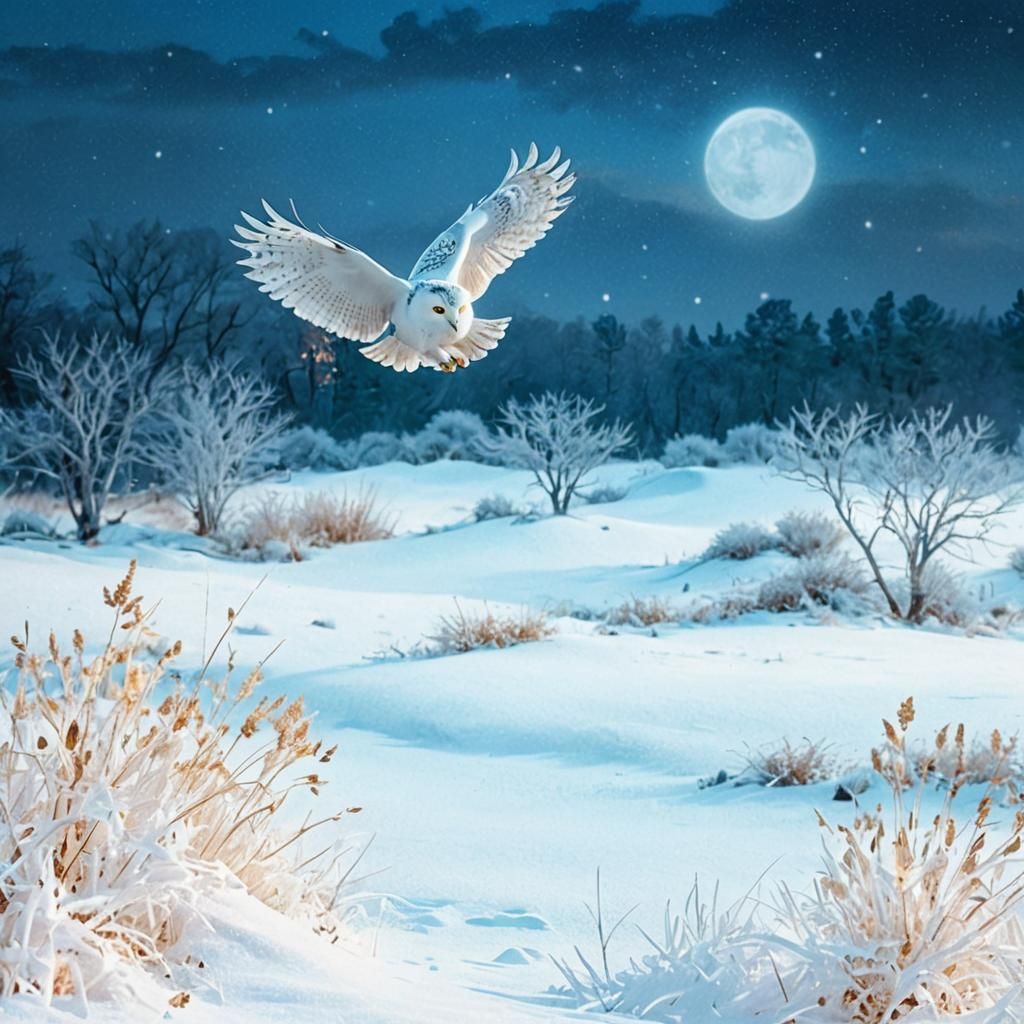 White Owl in Winter Landscape as 3D Digital Art