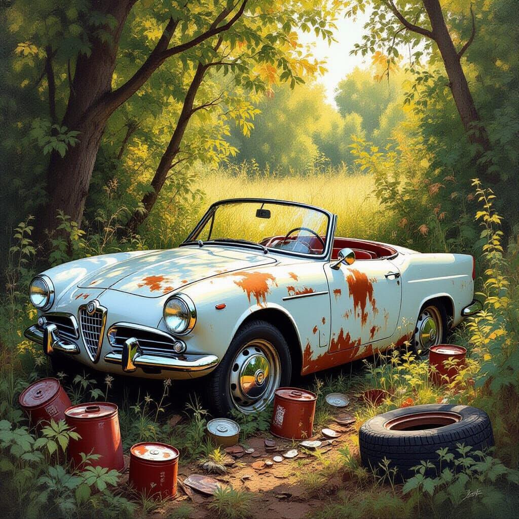 Abandoned Alfa Romeo Spider in Overgrown Rustic Landscape