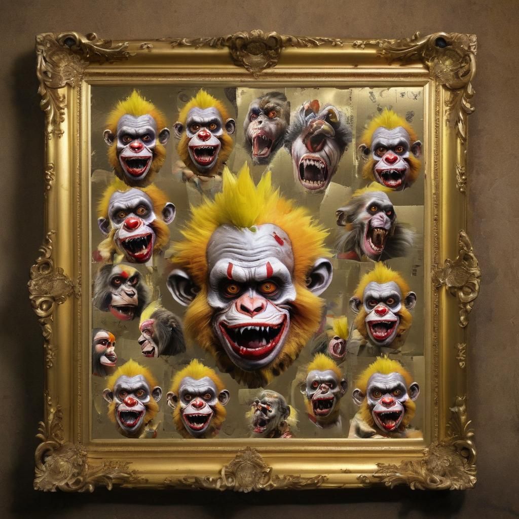 Zombie Monkey Monster Clown Collage in Gold Frame