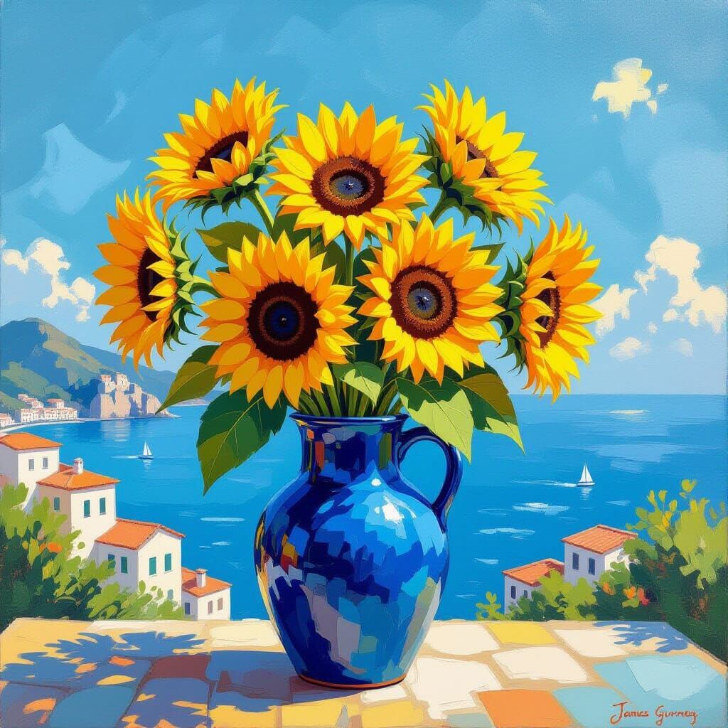 Sunflowers with Amalfi Coast Backdrop as Impressionist Paint...