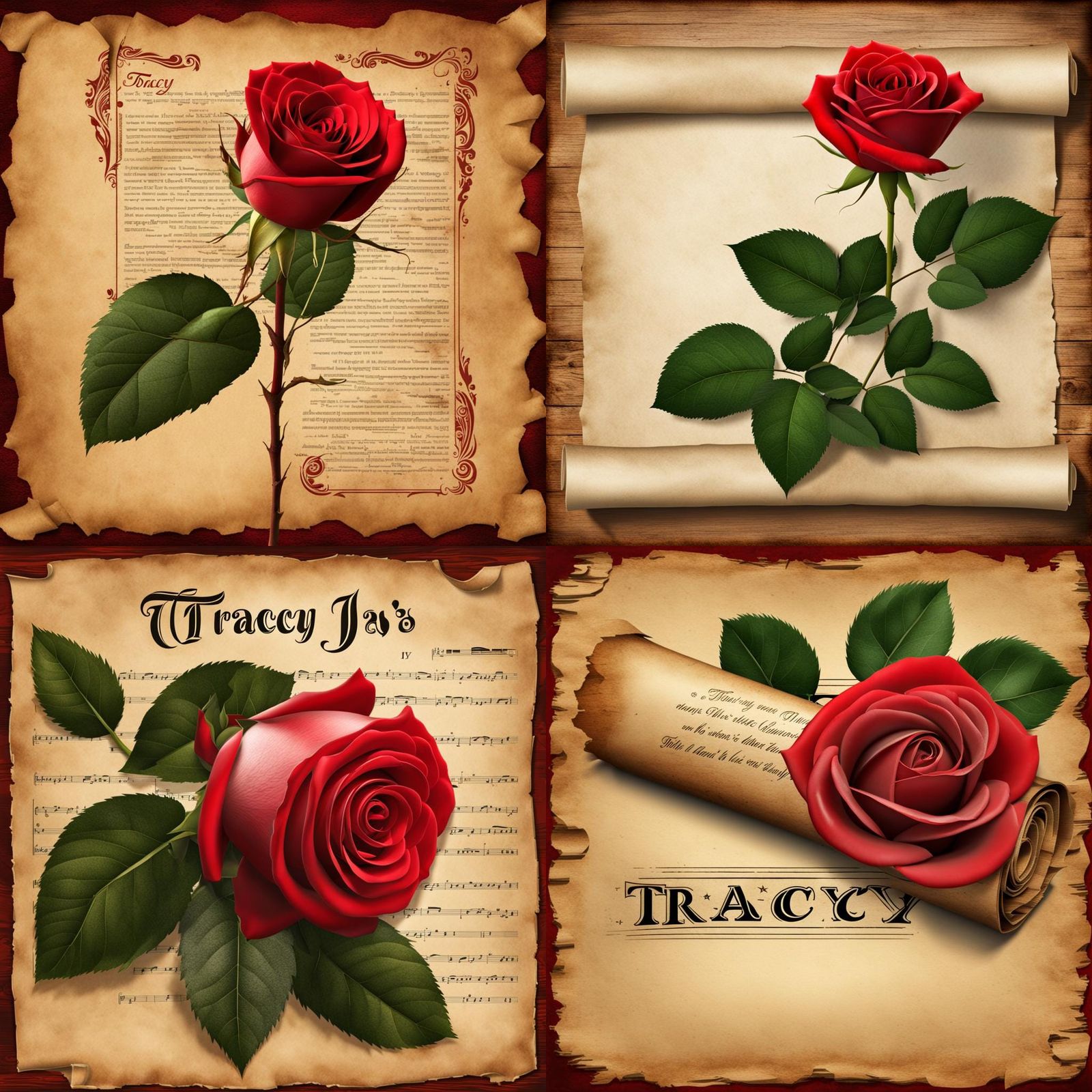 Old Paper Scroll with Rose and Text in 3D