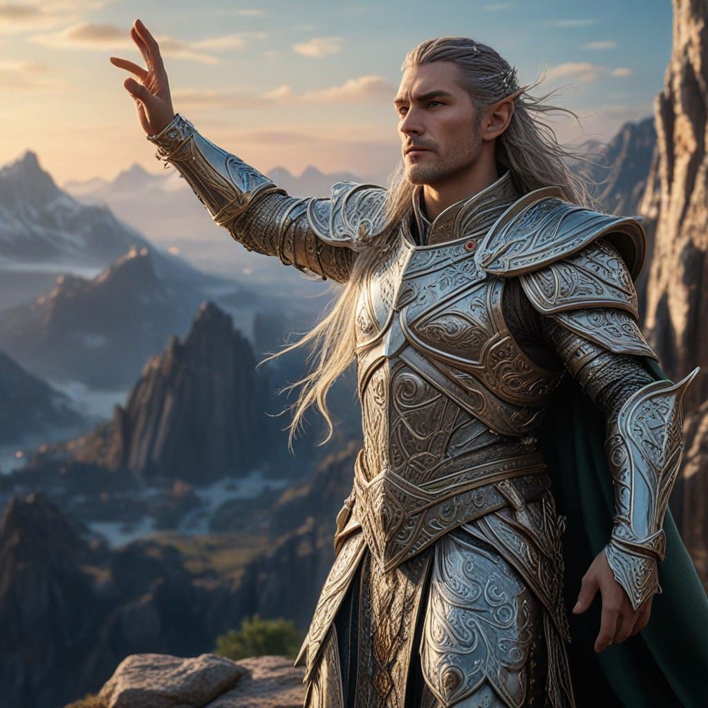 Elven King on Mountain Peak in Digital Art