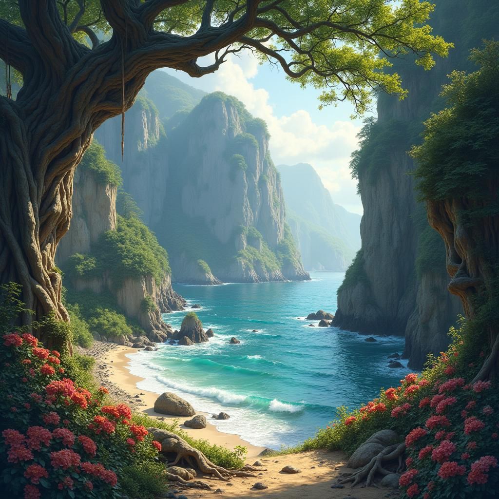 Mystical Coastal Cave Landscape in Dreamy Style