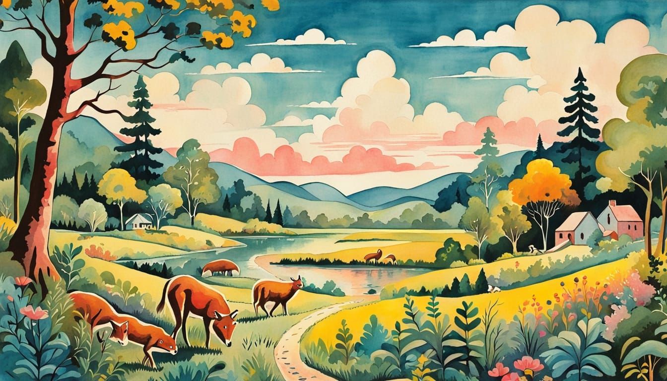 Naive Folk Art Landscape with Mystical Forest and Deer