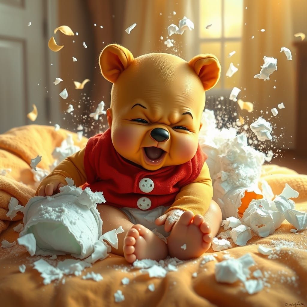 Frantic Baby Winnie the Pooh in a Diaper Blowout