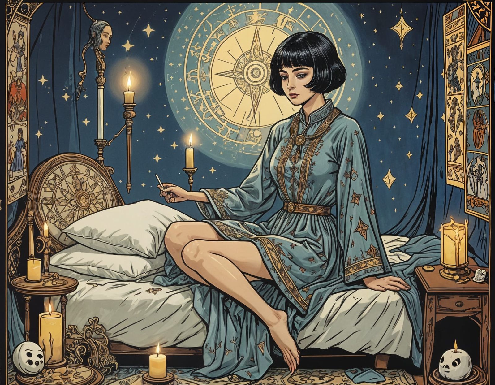 Mystical Woman Levitating on Tarot Card in Candlelit Room