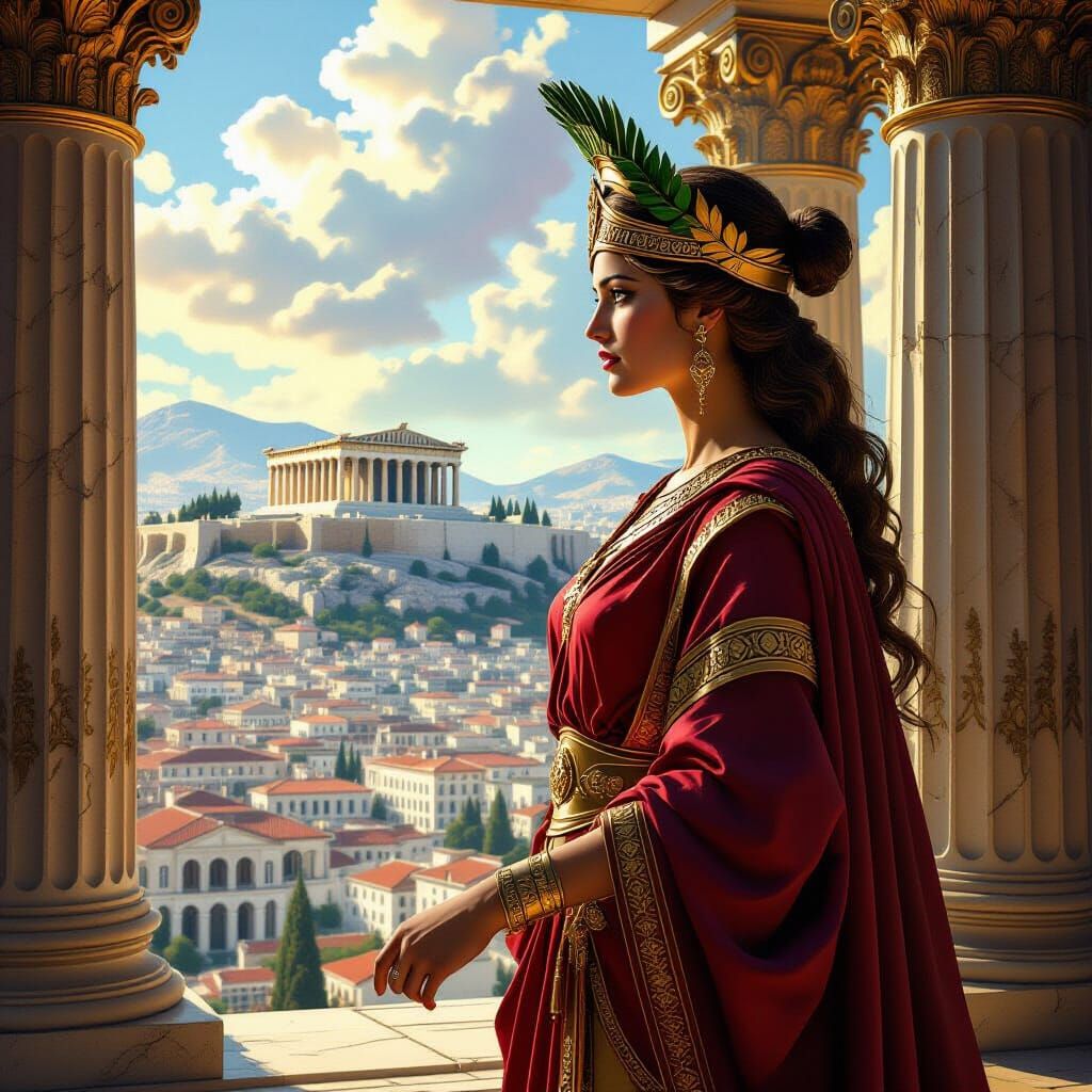 Athena Contemplates Athens in a Hyperrealistic Style