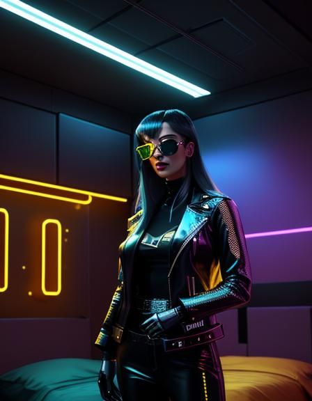 Cyberpunk Film Still: Woman in Golden Bedroom