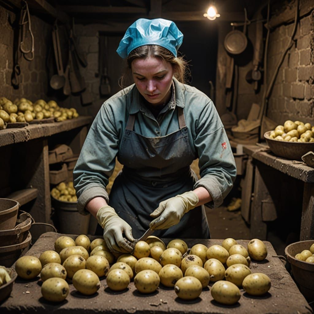 Young Woman Peels Potatoes in a Musty Cellar