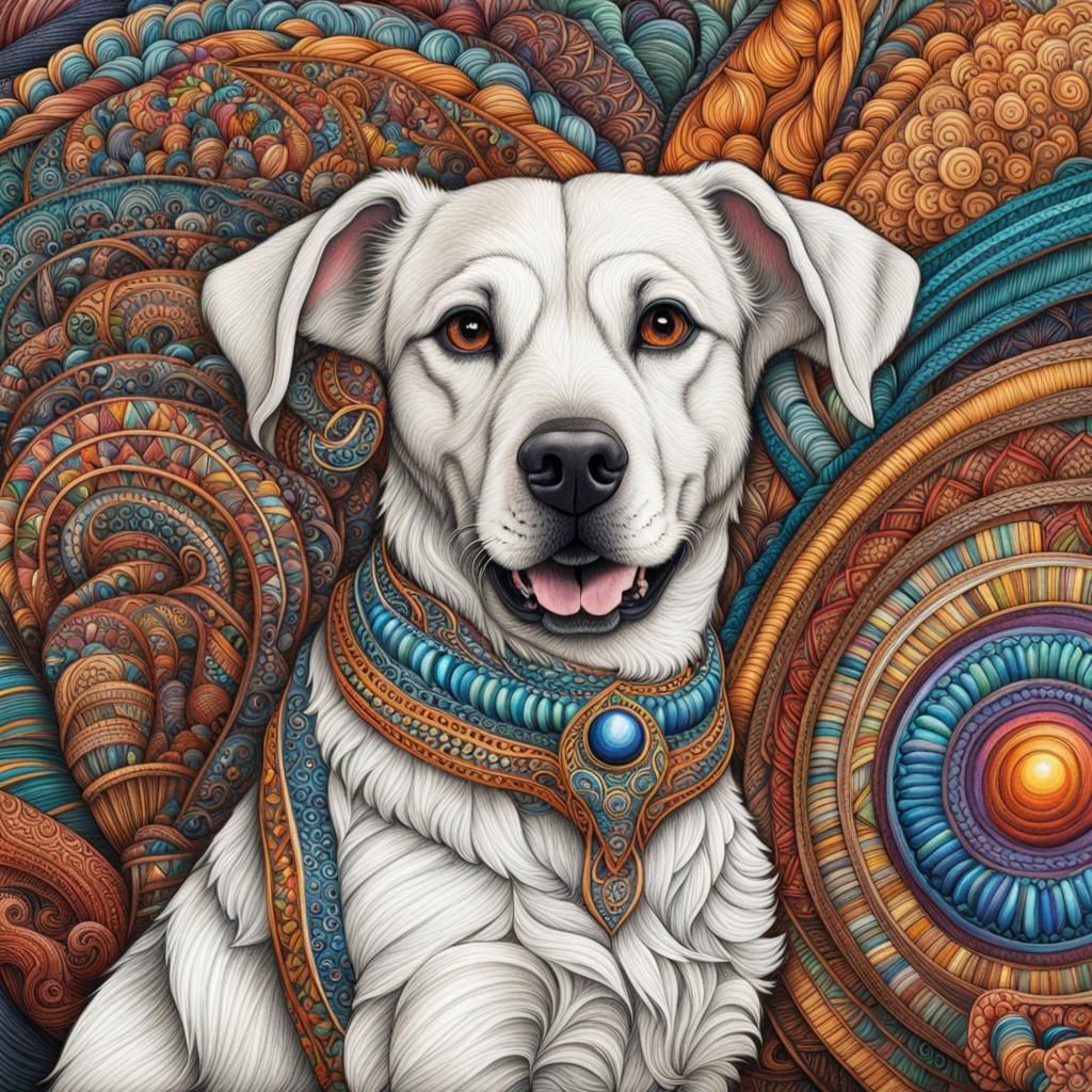 Friendly Zentangle Dog with Floppy Ears in Colored Pencil