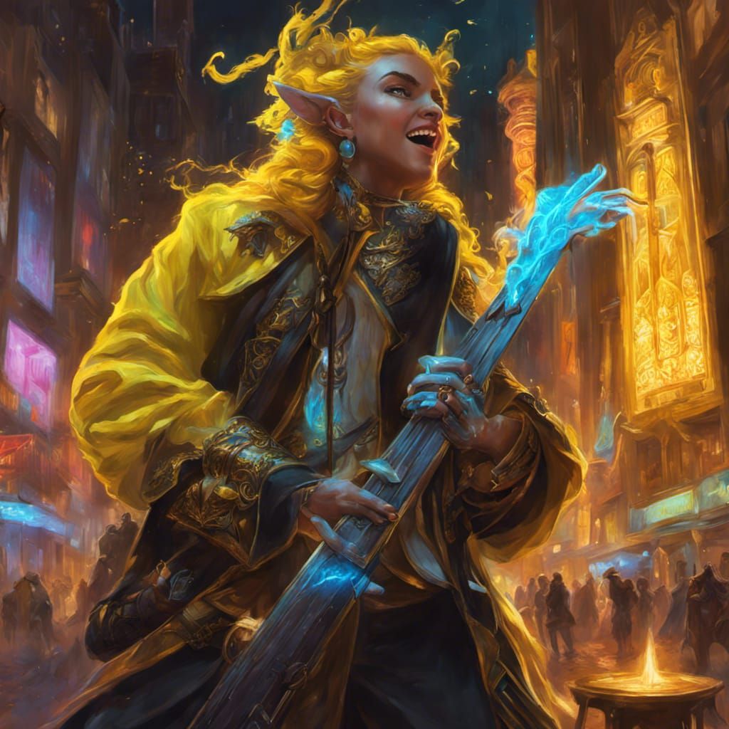 Magic Elf Bard Paints Neon City: Hyperrealistic Art