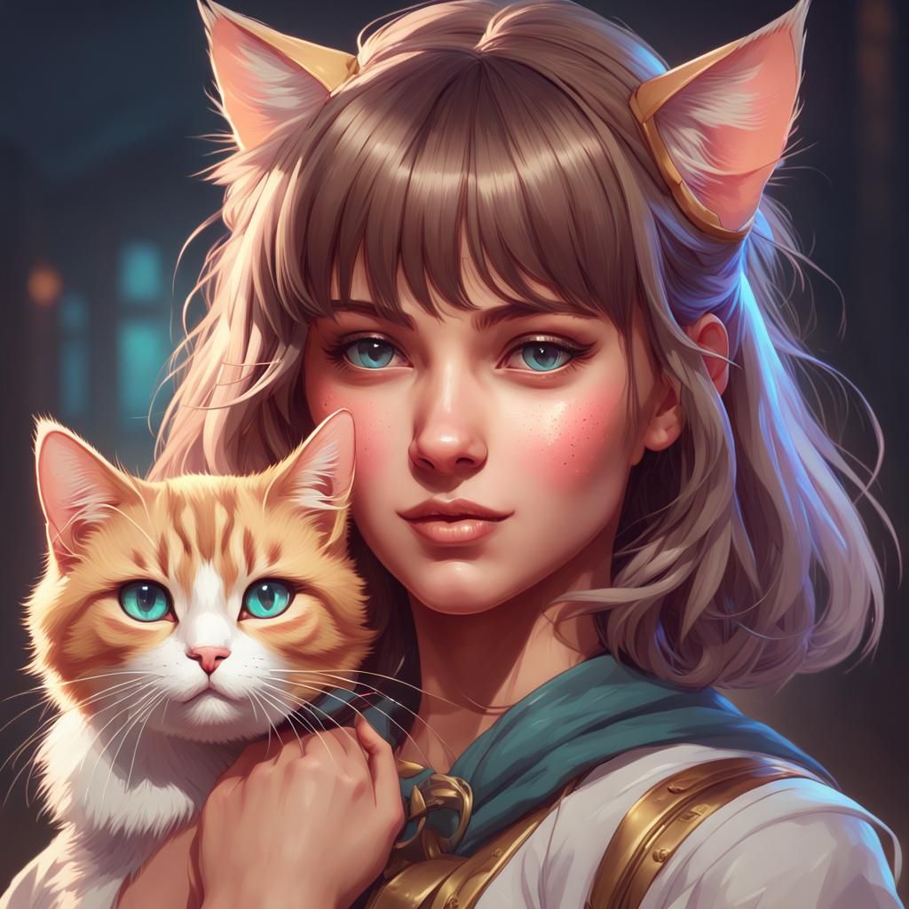 Cute Girl with Cat Portrait in Art Nouveau Style