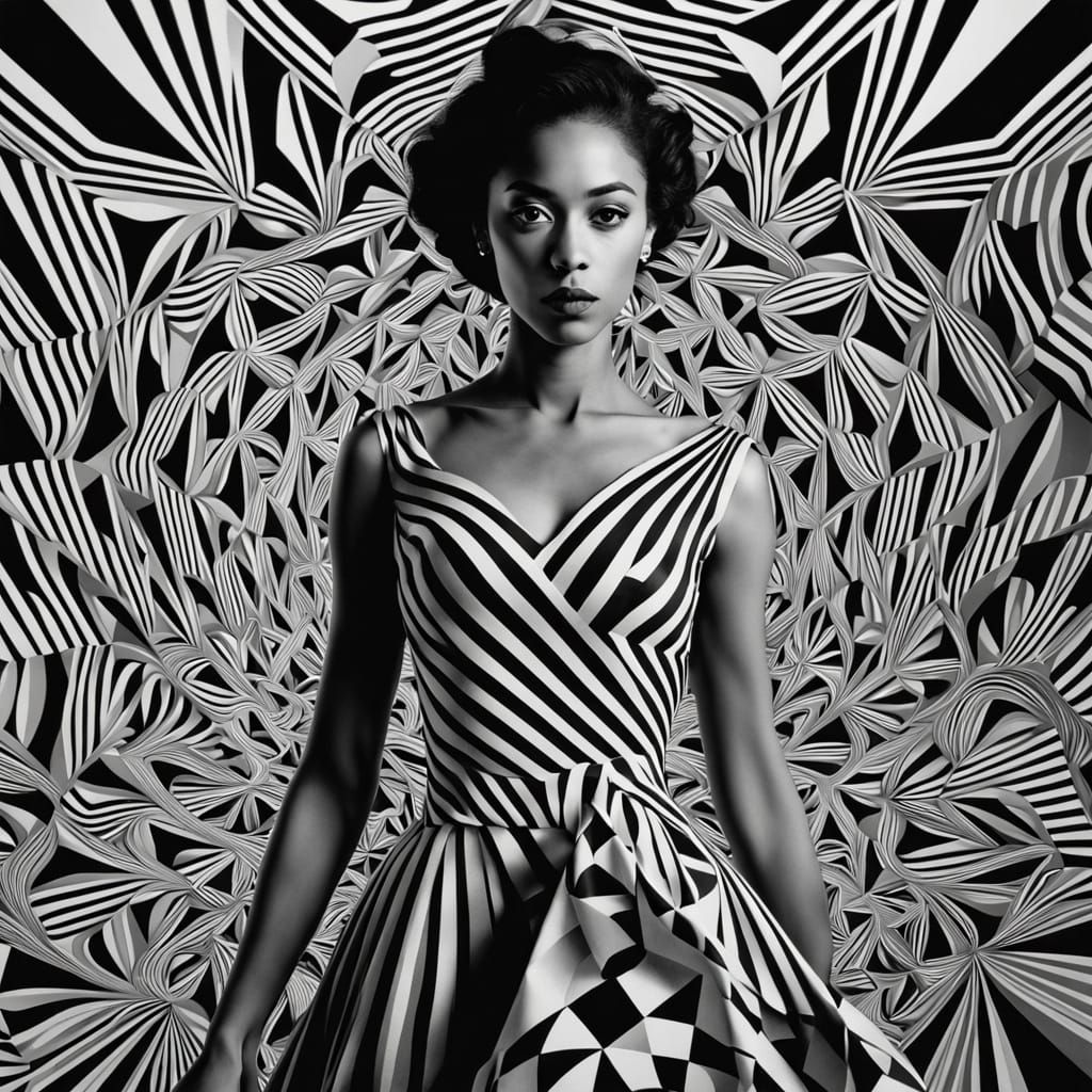 High-Contrast Monochrome Portrait with Fractal Op Art